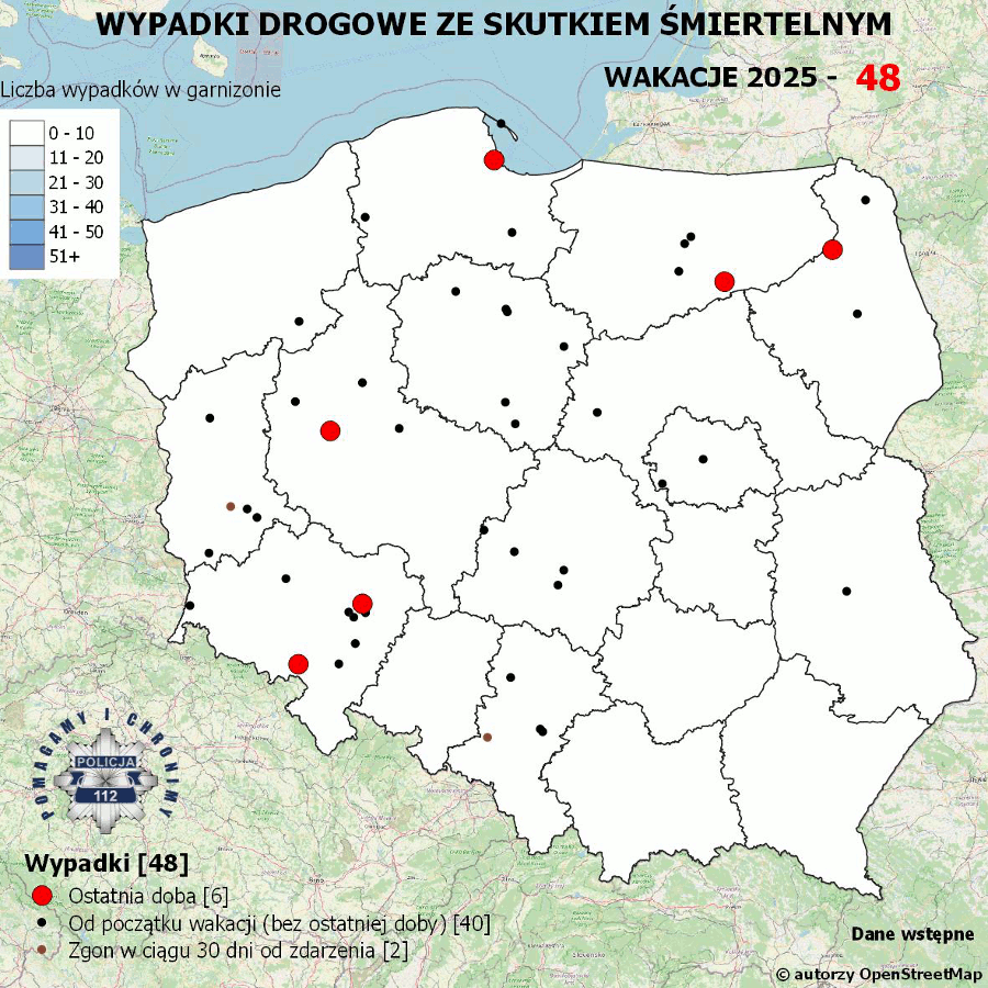 Mapa prezentująca liczbę wypadków poprzedniej doby w Polsce. Prezentowane dane są dostępne w tekście poniżej.