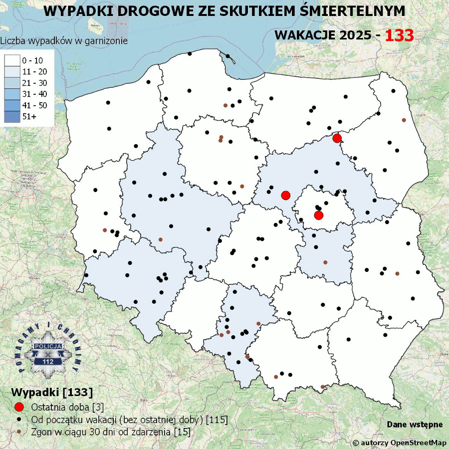 Mapa prezentująca liczbę wypadków poprzedniej doby w Polsce. Prezentowane dane są dostępne w tekście poniżej.