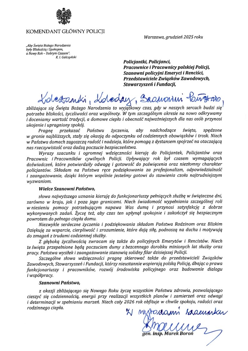 Życzenia świąteczne Komendanta Głównego Policji. Wersja dostępna cyfrowo w załączniku.