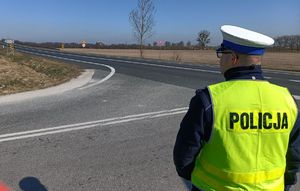 policjant stoi na drodze i obserwuje ruch