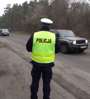 policjant stoi na drodze i obserwuje ruch