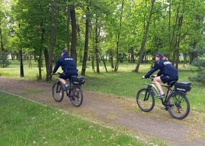 policjanci na rowerach jadą przez parkk