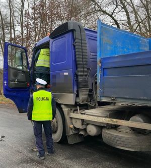 policjanci kontrolują pojazd ciężarowy