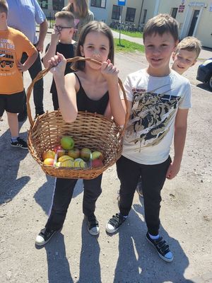 uczniowie stoją z koszem z jabłkami i cytryną