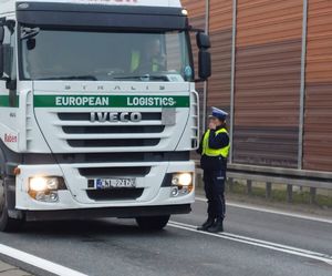 policjantka stoi przy samochodzie ciężarowym