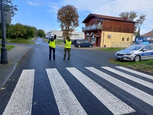 policjanci stoją na drodze, blikując ją