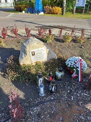 kwiaty złożone w miejscu upamiętnienia